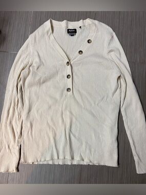 Barbour Cream Ribbed V-Neck/henley Long Sleeve Top with Asymmetric Buttons